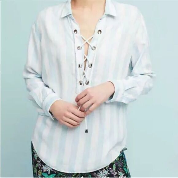 Rails Blue White Block Stripe Lace Tie Blouse S - Picture 2 of 14